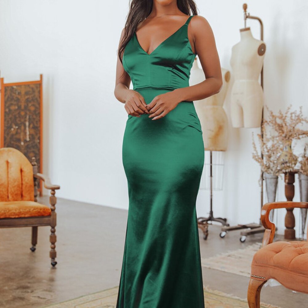 Lulus Melora Emerald Green Satin Sleeveless Maxi Dress - Size XS